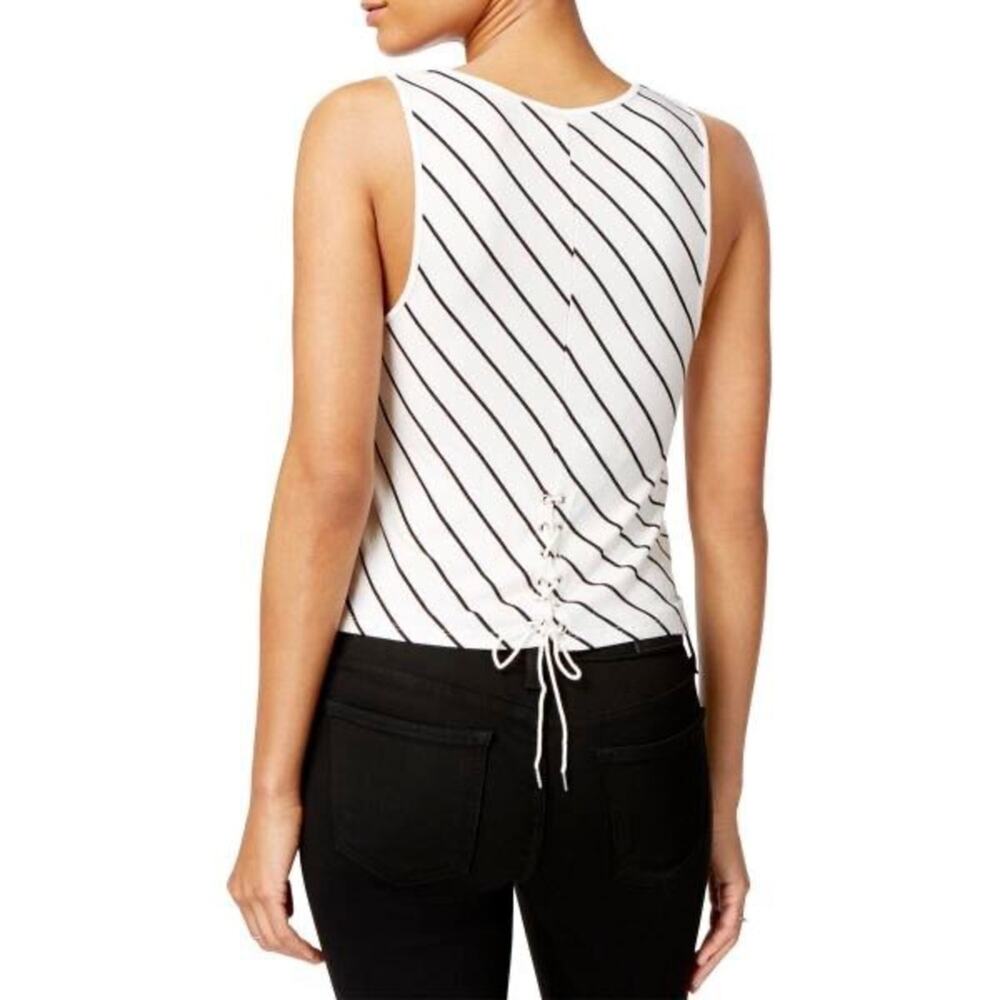 Kensie Jersey Striped Crop Lace-Up Back White Top